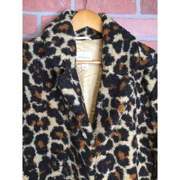 Daily Ritual Womens Leopard Cheetah Print Teddy Bear Jacket Coat Mob Wife Size M - Picture 2 of 7